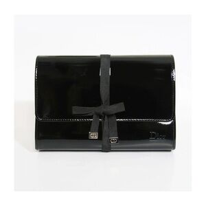 Dior • black patent leather cosmetic bag clutch pouch makeup case ribbon tie